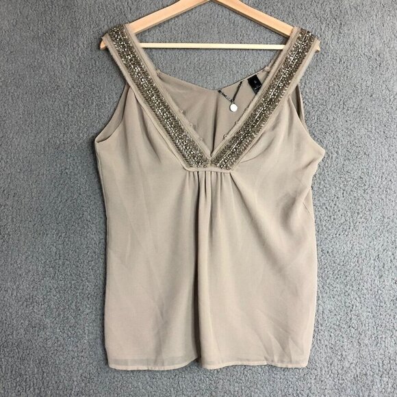 BKE Buckle Top Small Sleeveless Light Brown Embellished Bling Frayed Neck Hem - Picture 2 of 9